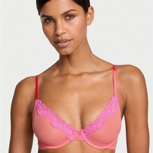 Victoria’s Secret Tease Lace-Trim Unlined Demi Bra Coral 38D New With Tags
